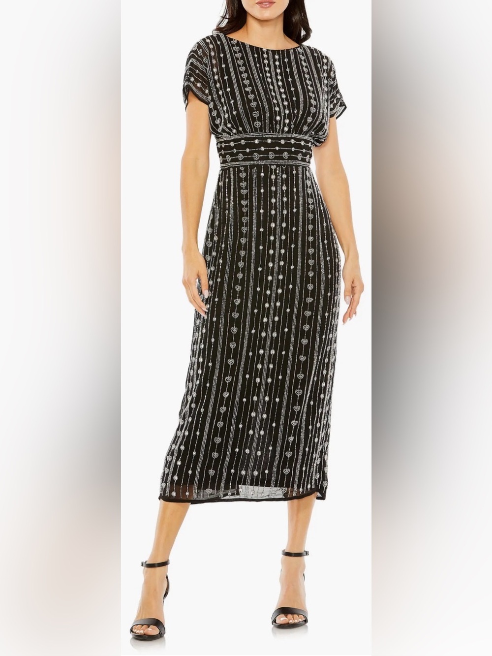 Mac Duggal Black Midi Dress with Silver Beading